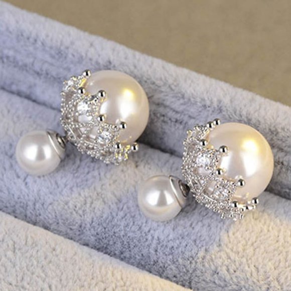 NEW 925 Sterling Silver Diamond Pearl Earrings B - Picture 1 of 9